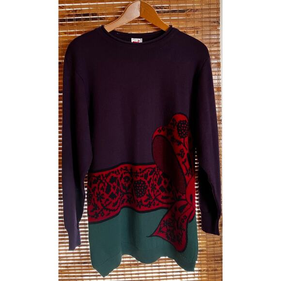Mondi Women's Top Tunic Sweater Wool Blend Faux Bow Vintage 1980s Purple Red - Picture 2 of 8